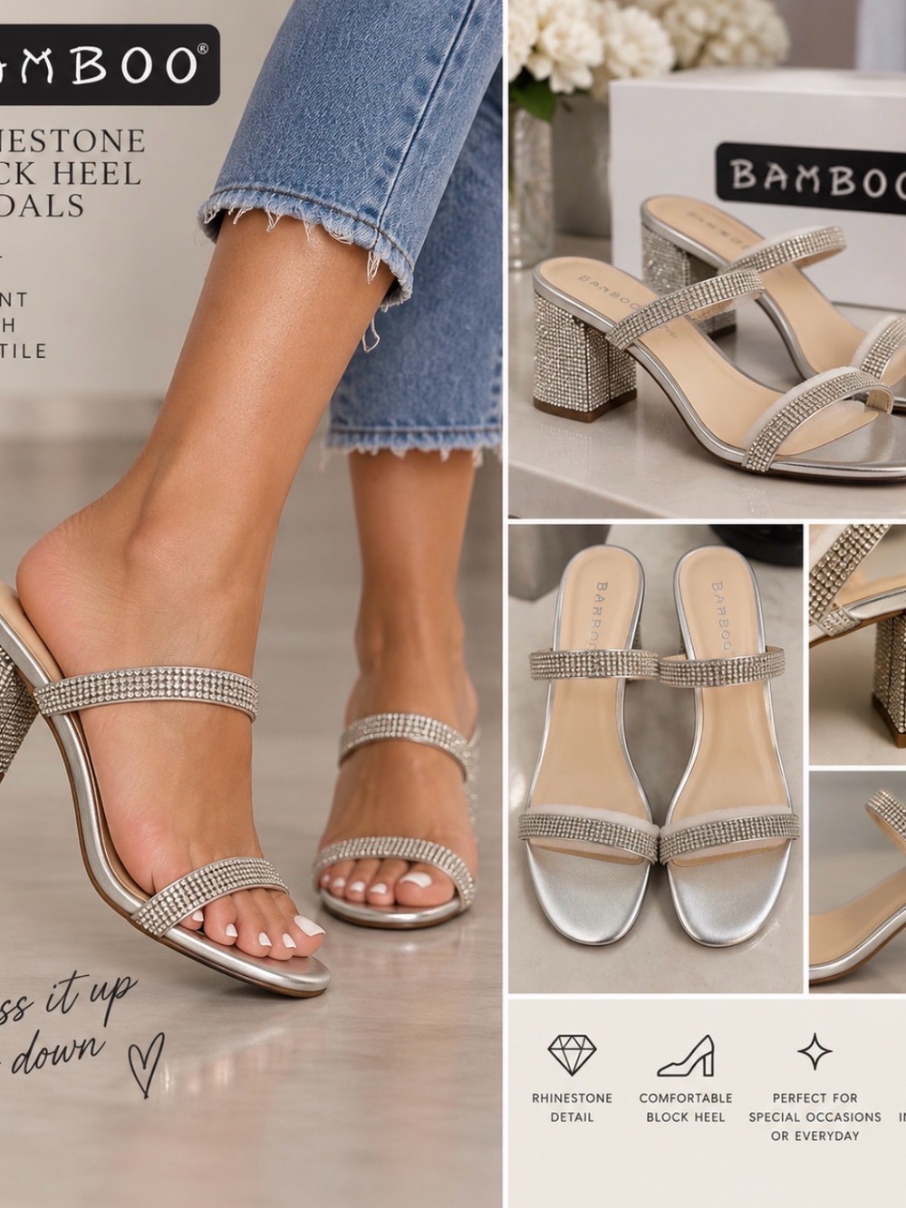 BAMBOO Silver Rhinestone Block Heel Sandals - Picture 2 of 5